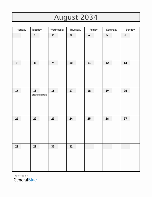 Liechtenstein August 2034 Calendar with Holidays