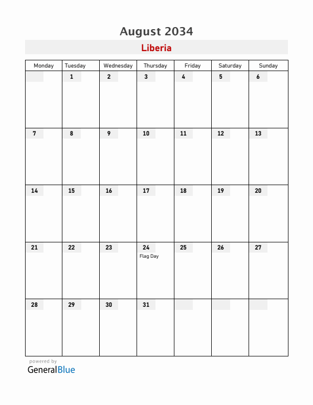 Liberia August 2034 Calendar with Holidays