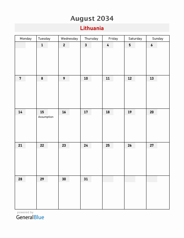 Lithuania August 2034 Calendar with Holidays