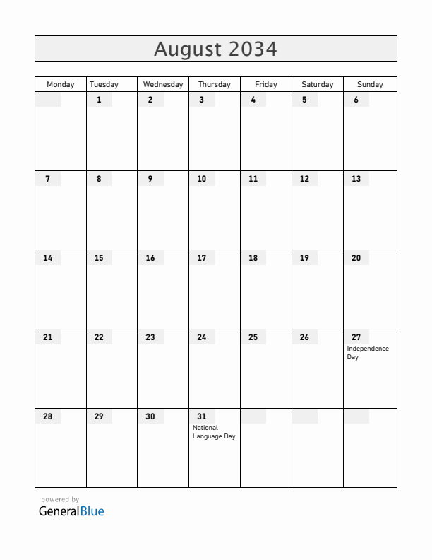 Moldova August 2034 Calendar with Holidays