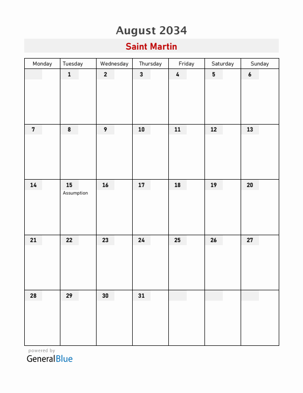 Saint Martin August 2034 Calendar with Holidays