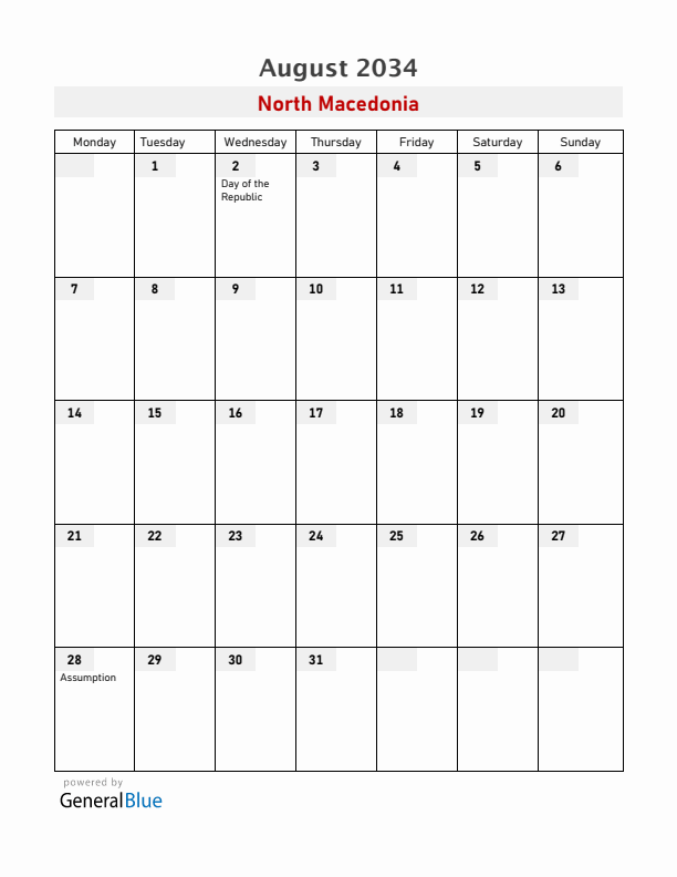 North Macedonia August 2034 Calendar with Holidays