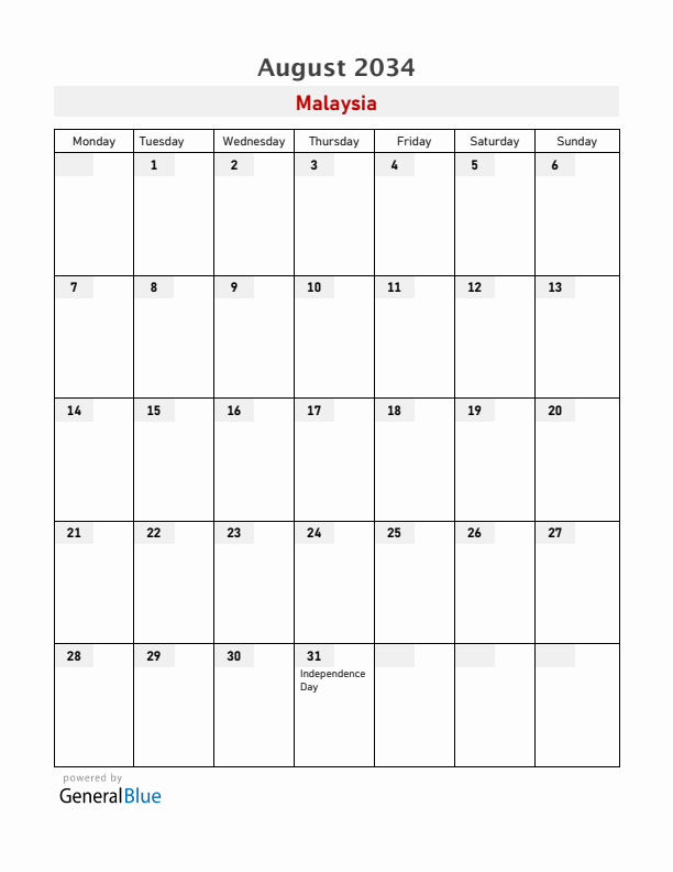 Malaysia August 2034 Calendar with Holidays