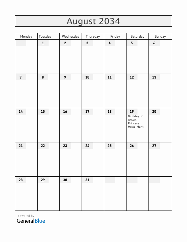 Norway August 2034 Calendar with Holidays
