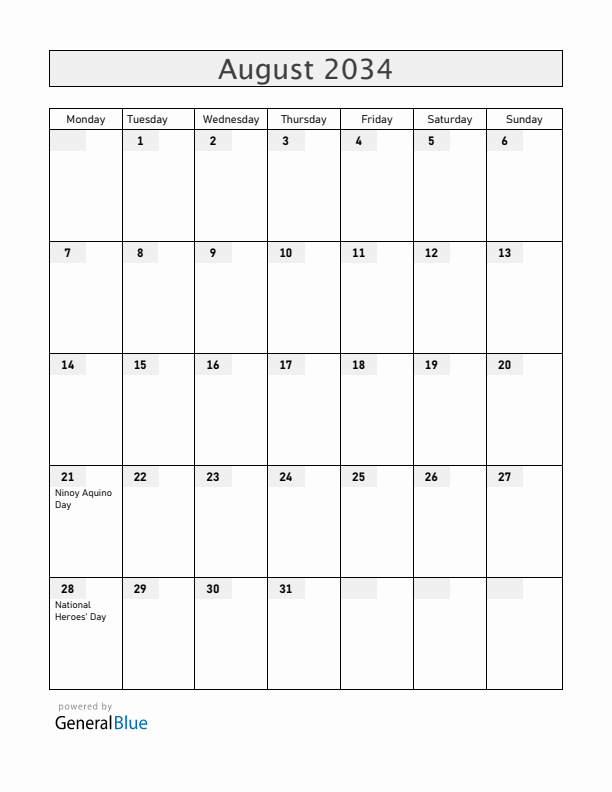 Philippines August 2034 Calendar with Holidays