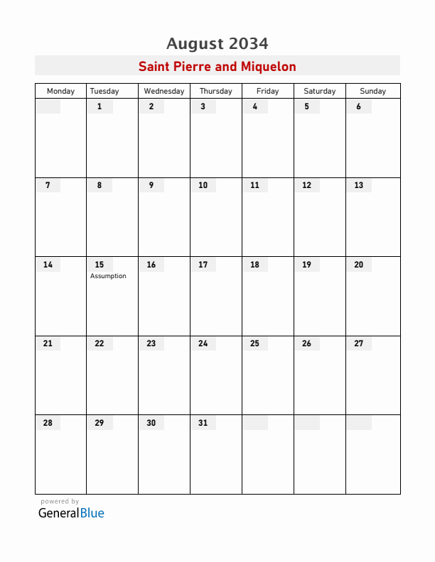 Saint Pierre and Miquelon August 2034 Calendar with Holidays