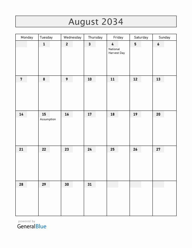 Rwanda August 2034 Calendar with Holidays