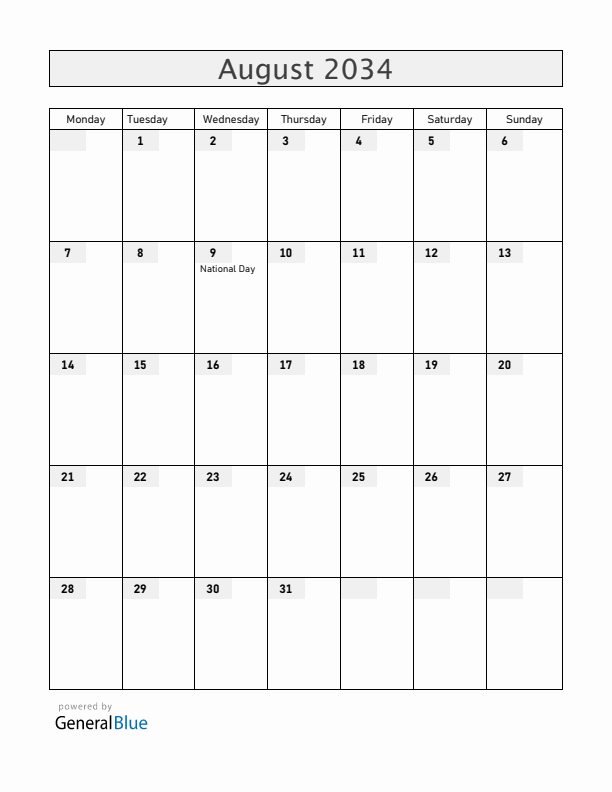 Singapore August 2034 Calendar with Holidays