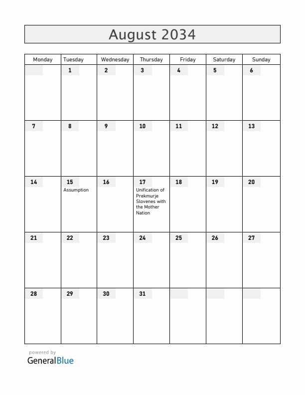 Slovenia August 2034 Calendar with Holidays