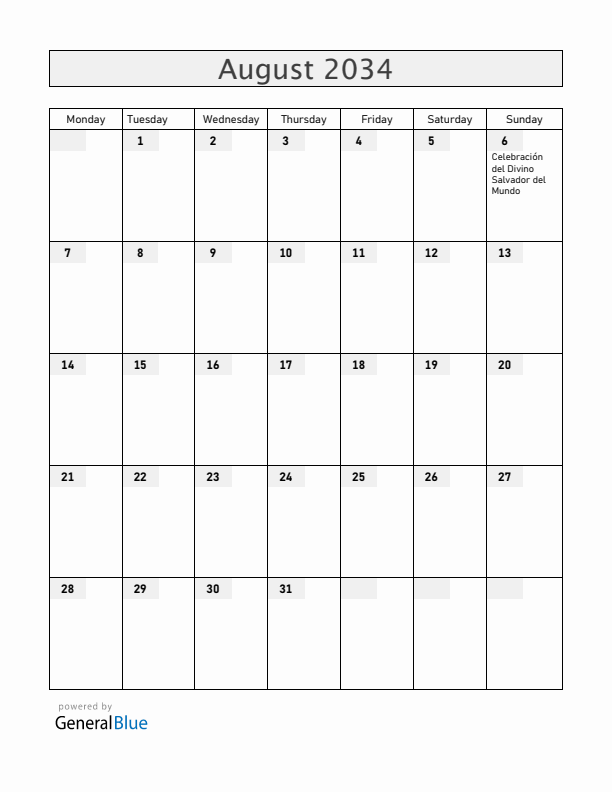 El Salvador August 2034 Calendar with Holidays