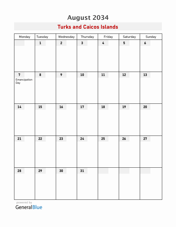 Turks and Caicos Islands August 2034 Calendar with Holidays