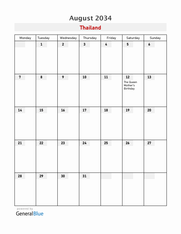 Thailand August 2034 Calendar with Holidays