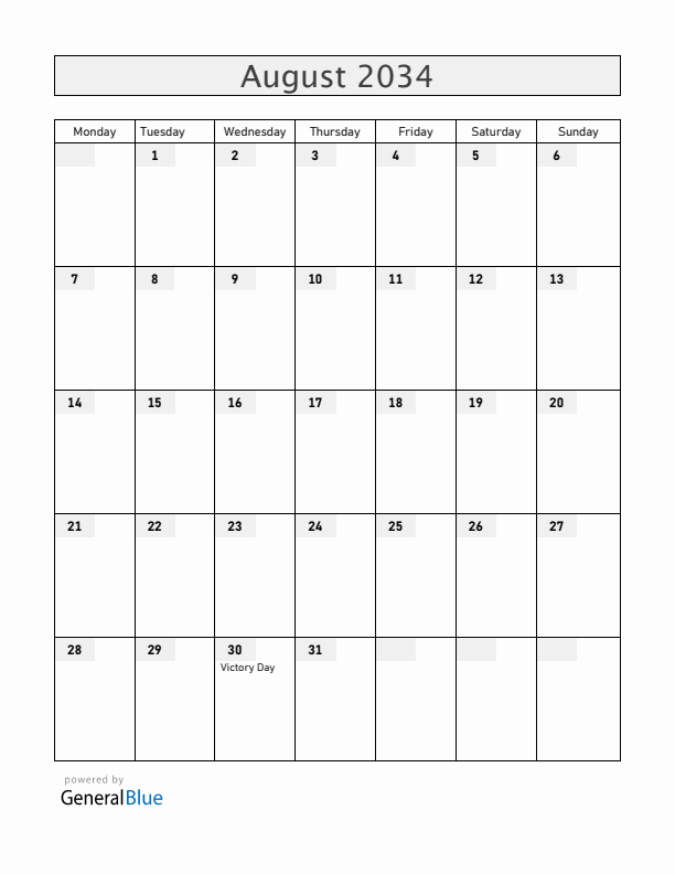 Turkey August 2034 Calendar with Holidays