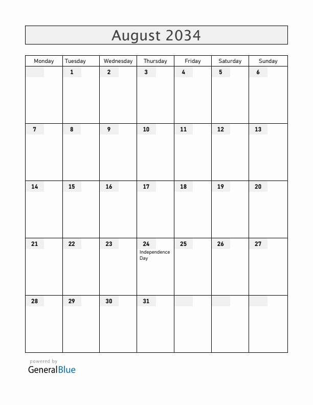 Ukraine August 2034 Calendar with Holidays