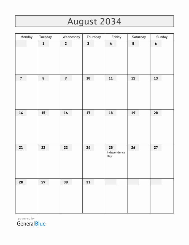 Uruguay August 2034 Calendar with Holidays