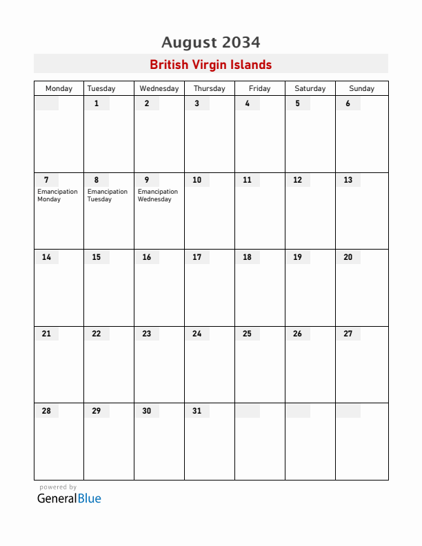 British Virgin Islands August 2034 Calendar with Holidays