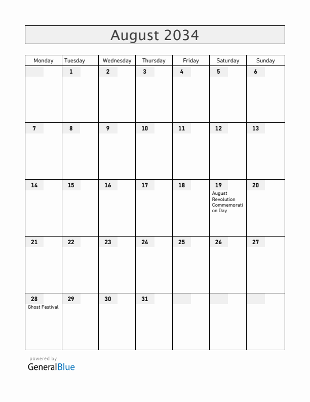 Vietnam August 2034 Calendar with Holidays