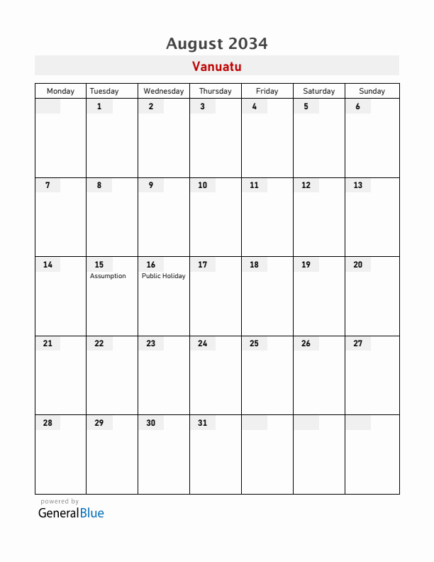 Vanuatu August 2034 Calendar with Holidays