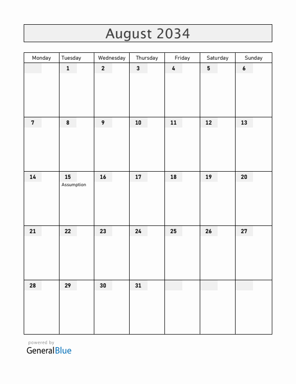 Mayotte August 2034 Calendar with Holidays