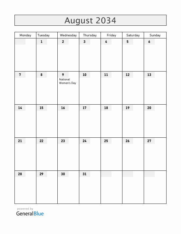 South Africa August 2034 Calendar with Holidays