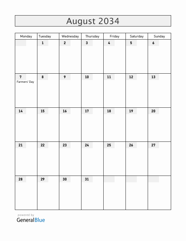 Zambia August 2034 Calendar with Holidays