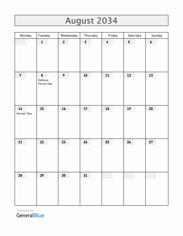 Zimbabwe August 2034 Calendar with Holidays