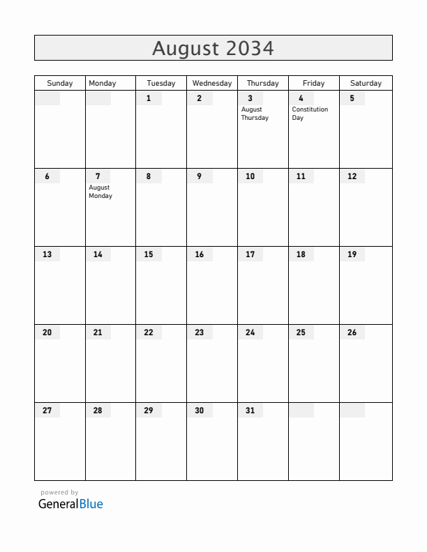 Anguilla August 2034 Calendar with Holidays