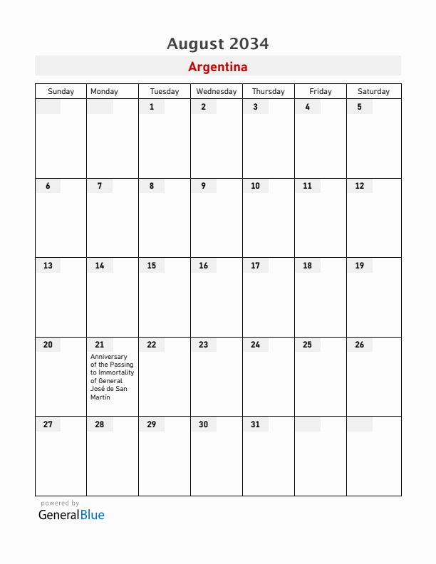 Argentina August 2034 Calendar with Holidays