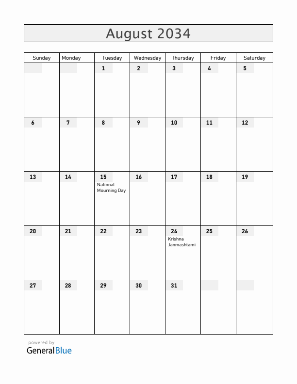 Bangladesh August 2034 Calendar with Holidays