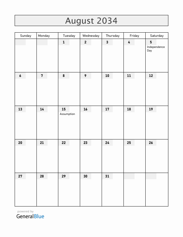 Burkina Faso August 2034 Calendar with Holidays