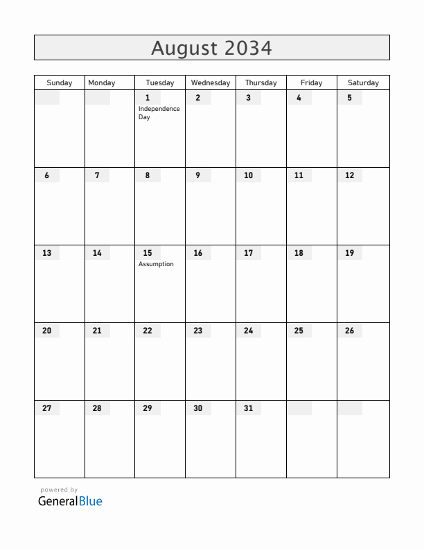 Benin August 2034 Calendar with Holidays
