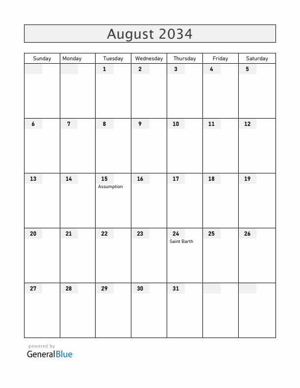 Saint Barthelemy August 2034 Calendar with Holidays