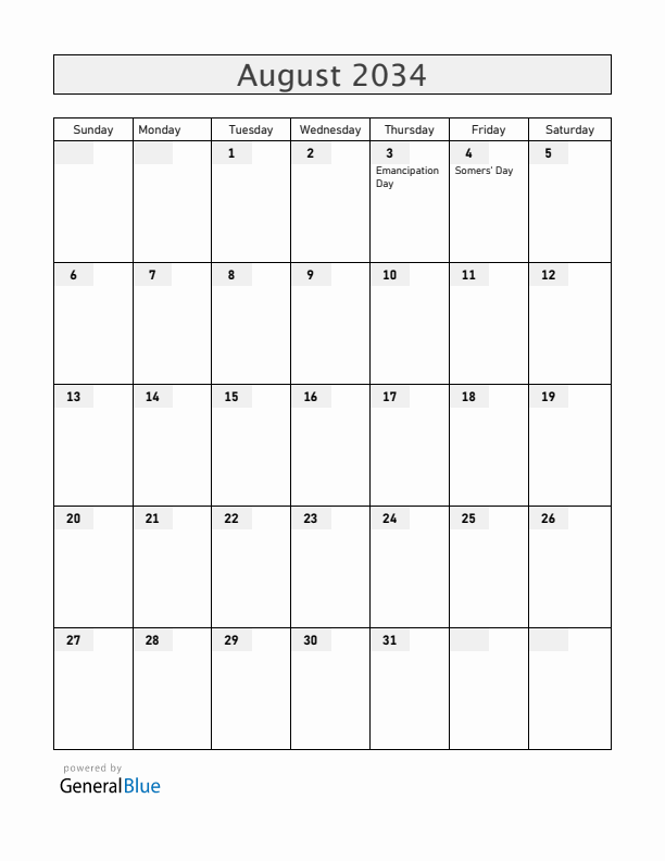 Bermuda August 2034 Calendar with Holidays