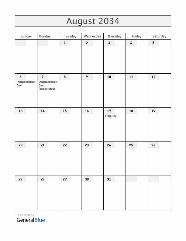 Bolivia August 2034 Calendar with Holidays