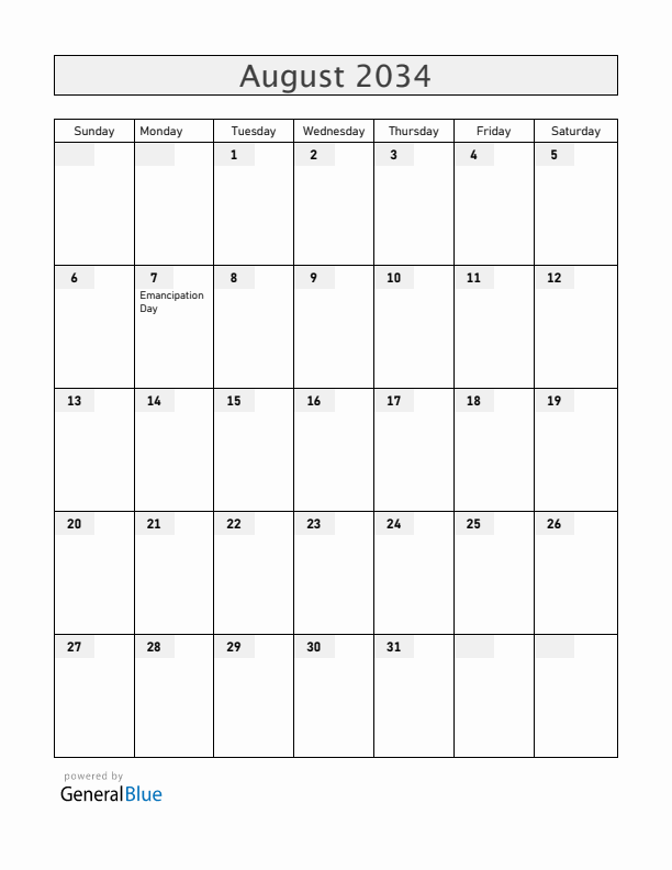 Bahamas August 2034 Calendar with Holidays