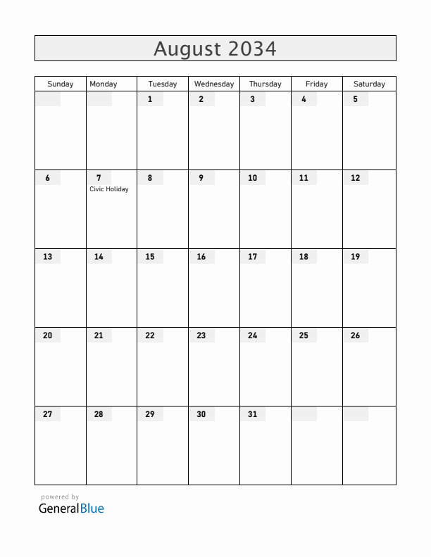 Canada August 2034 Calendar with Holidays