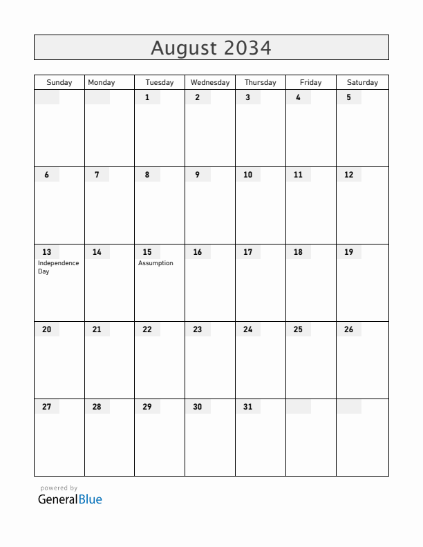 Central African Republic August 2034 Calendar with Holidays