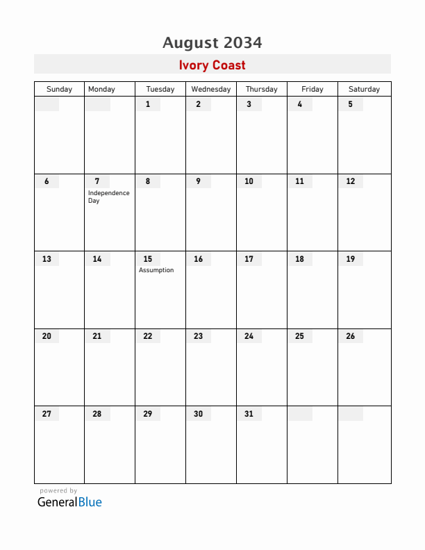 Ivory Coast August 2034 Calendar with Holidays