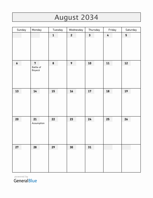 Colombia August 2034 Calendar with Holidays