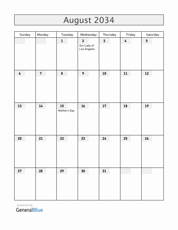 Costa Rica August 2034 Calendar with Holidays