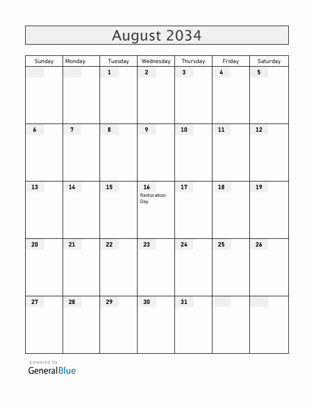 Dominican Republic August 2034 Calendar with Holidays