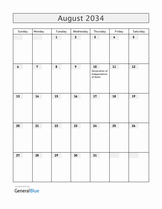 Ecuador August 2034 Calendar with Holidays