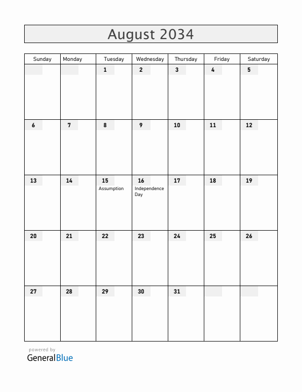 Gabon August 2034 Calendar with Holidays