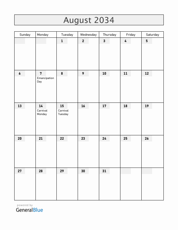 Grenada August 2034 Calendar with Holidays