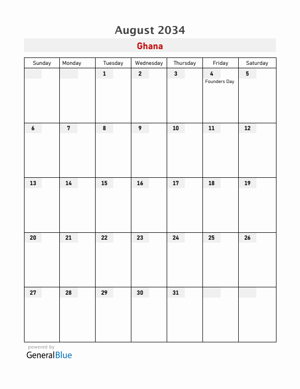 Ghana August 2034 Calendar with Holidays