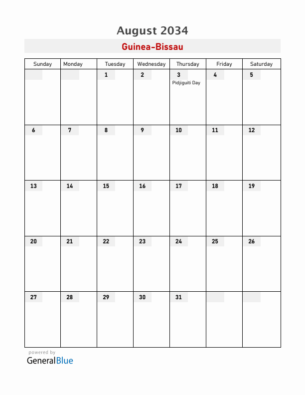 Guinea-Bissau August 2034 Calendar with Holidays