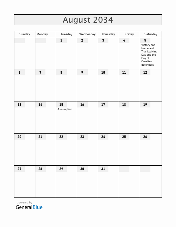 Croatia August 2034 Calendar with Holidays
