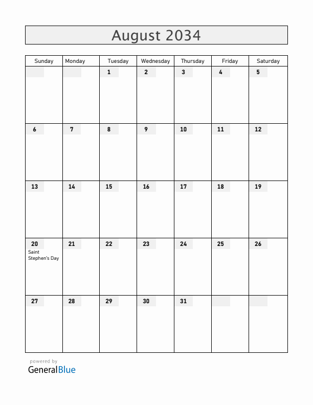Hungary August 2034 Calendar with Holidays