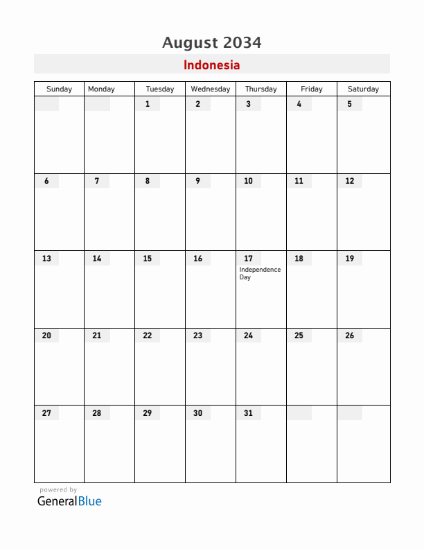 Indonesia August 2034 Calendar with Holidays