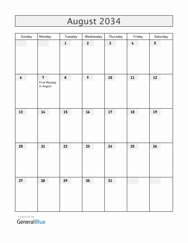 Ireland August 2034 Calendar with Holidays